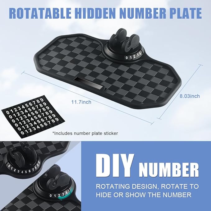 NHHEO Car Anti Slip Mat Dashboard Tray Decorations Sticky Pad Multi Functional Thickened and Widened Washable with 360° Rotating Universal Phone Pad Holder+Number Plate(Black&Gray)
