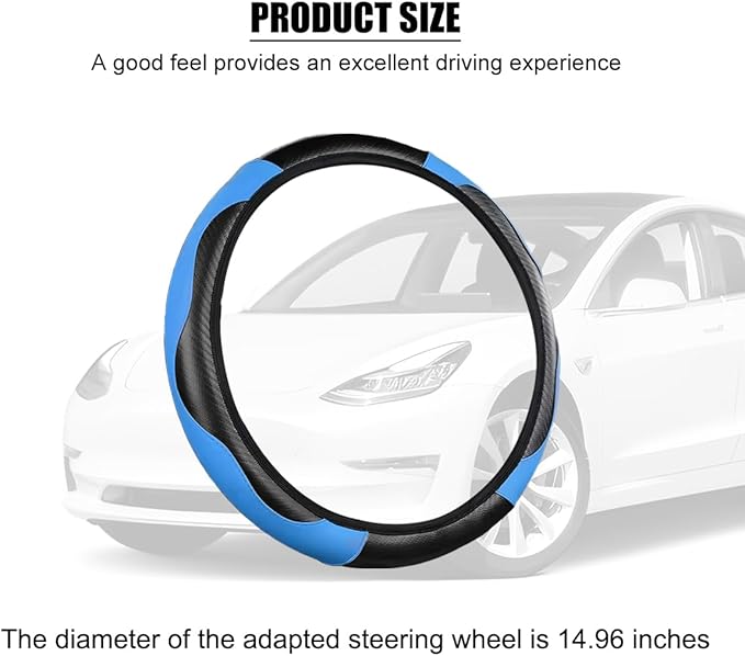 Carbon Fiber Car Steering Wheel Cover, 14.5-15 Inch Elastic Stretch Steering Wheel Guard, Sports Style Non-Slip Automotive Interior Accessories, Universal for Vehicles (Black/Blue)