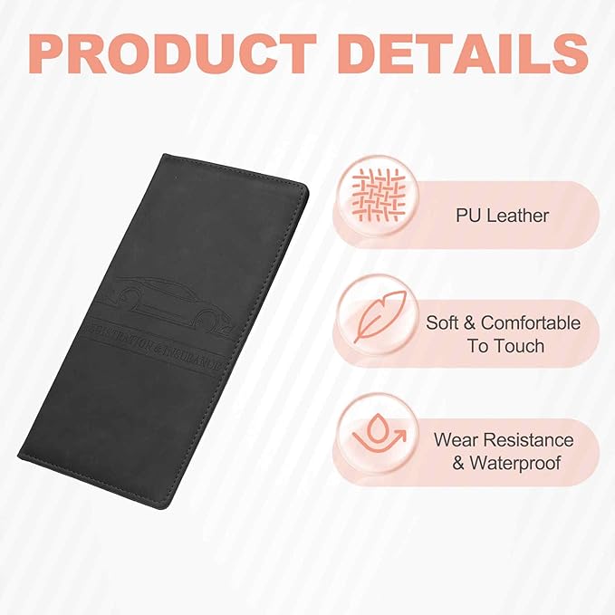 HARFINGTON Car Registration and Insurance Holder 9.65" x 4.92" PU Leather Vehicle Glove Box Organizer Storage Accessories Men Women Car ID Holder for License ID Card Bank Card, Black