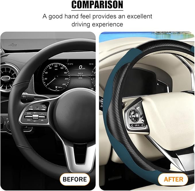 Carbon Fiber Car Steering Wheel Cover, 14.5-15 Inch Elastic Stretch Steering Wheel Guard, Sports Style Non-Slip Automotive Interior Accessories, Universal for Vehicles (Dark Green)