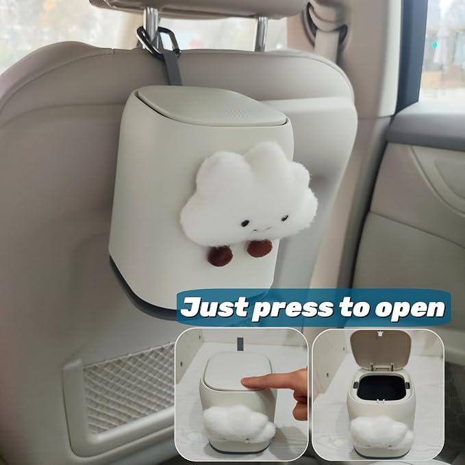Car Can Garbage Bin Cute Cartoon Style Hanging Car Flip Lid Trash Can Detachable Leak-Proof ABS Material Spaceman Duck Smile Cloud (Smiling Cloud)