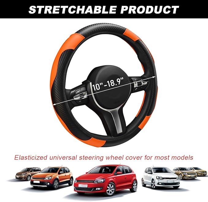 Car Steering Wheel Cover, 15 Inch Carbon Fiber Leather Stitching Color Steering Wheel Protector, Anti-Slip Elastic Breathable Steering Wheel Cover Stylish Decor for Most Cars (Orange)