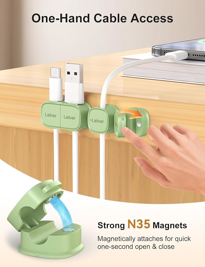 6 Pack Magnetic Cable Clips [1s Open/Lock], Laitver Cord Organizer Holder Strong Adhesive Desk Cable Management- Organize Charging Cords Neatly for Home, Office, Car,Desk, Nightstand-Cyan