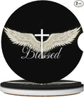 HUWAAI Blessed Cross Wing Car Cup Holder Coasters 2 Pack Universal 2.63 Inch Anti Slip Ceramic Absorbent Coaster with Cork Base and Finger Notch Cute Car Accessories Interior for Women