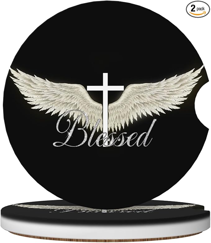 HUWAAI Blessed Cross Wing Car Cup Holder Coasters 2 Pack Universal 2.63 Inch Anti Slip Ceramic Absorbent Coaster with Cork Base and Finger Notch Cute Car Accessories Interior for Women