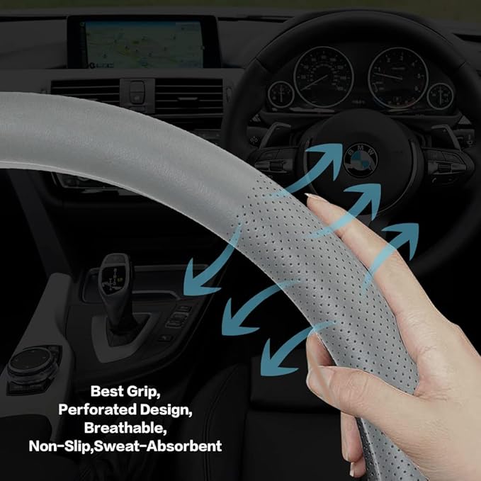 VARGTR Car Steering Wheel Cover,Universal 15 Inch Premium Leather Car Steering Wheel Cover,Best Grip,Perforated Design,Breathable,Non-Slip,Sweat-Absorbent,Warm in Winter and Cool in Summer (Gray)