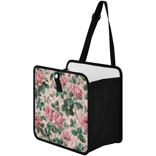 Car Trash Can Organizer Bin with Adjustable Strap for Back Front Seat Console Waterproof Leakproof Collapsible Portable 8.66 Inch Pink Vintage Roses with Leaves