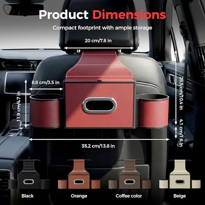 Back Seat Car Organizer,3 in 1 Car Backseat Storage Box with Cup Holder,Tissue Box,Trash Bin&Hooks,Multifunctional Waterproof Storage for Hold Phones Snacks Drinks Handbags (1, A-Beige)