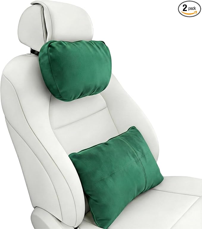 2PCS Car Pillow for Car Neck Pillow for Driving Seat Leather Neck Support Soft Cushion Back Support Head-Rests for Vehicle Sleeping with Elastic Adjustment Strap (Green, Head and Lumbar)