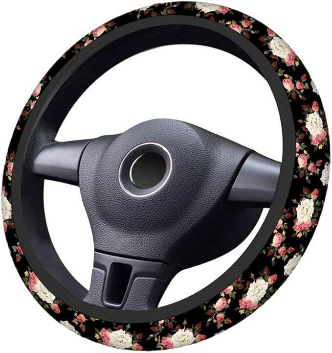 Swono Beautiful Roses Non-Slip Steering Wheel Cover Vintage Floral with Red and White Roses Neoprene Car Steering Wheel Covers Grip Automotive Steering Wheel Protector Auto Car Wrap Cover 15 Inch