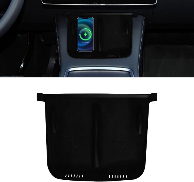 Center Console Wireless Charger Anti-Slip Silicone Mat, Waterproof Phone Pad for Wireless Charging, Car Interior Accessories Universal for Model 3 Model Y 2021-2024 (Regular, Black)