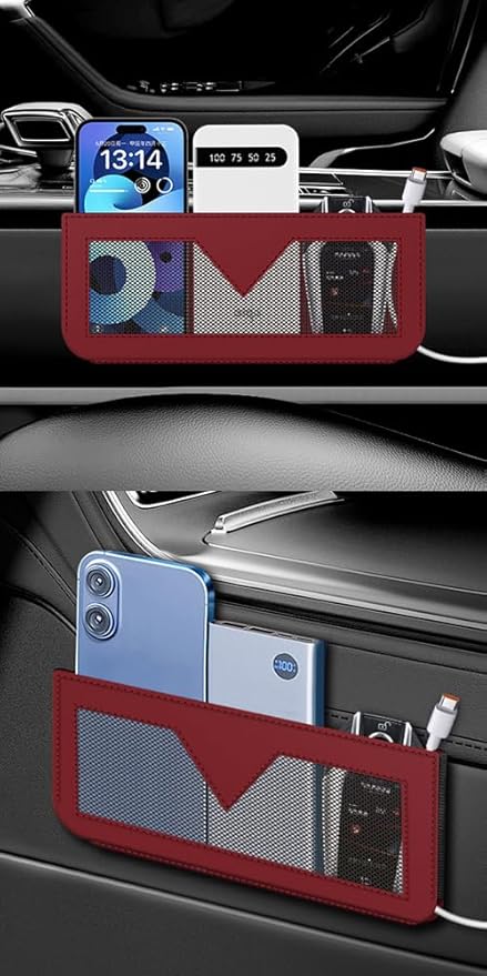 Berfi Life Car Seat Side Pocket Organizer, Car PU Leather Mesh Storage Bag Pouch, Vehicle Seat Gap Filler for Keys, Phone, Sunglasses, Registration, and Documents