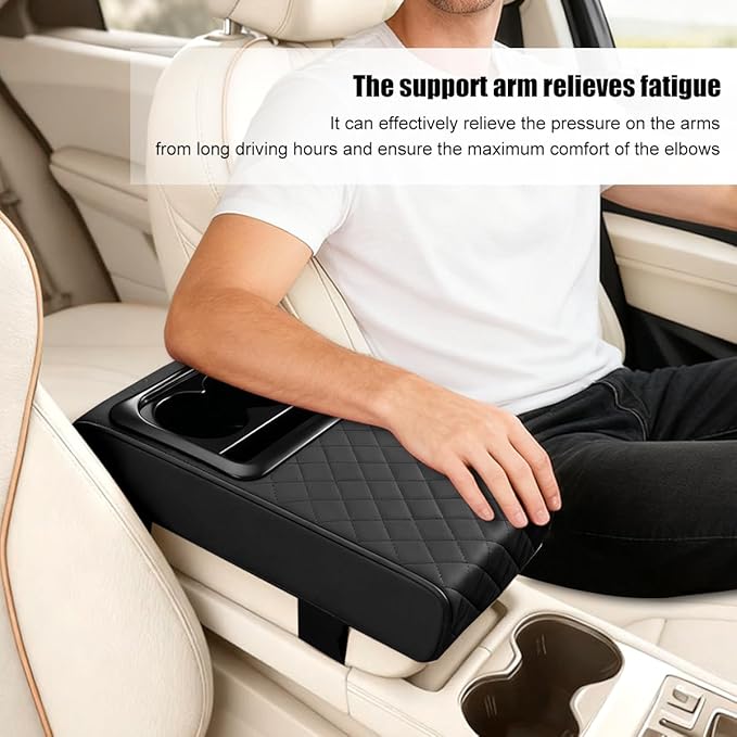 Car Center Console Armrest Pillow, Leather Vehicle Middle Console Protection Cushion with Cup & Phone Holder, Waterproof Automotive Arm Rest Box Cover, Universal Fit (Black Rhombus)