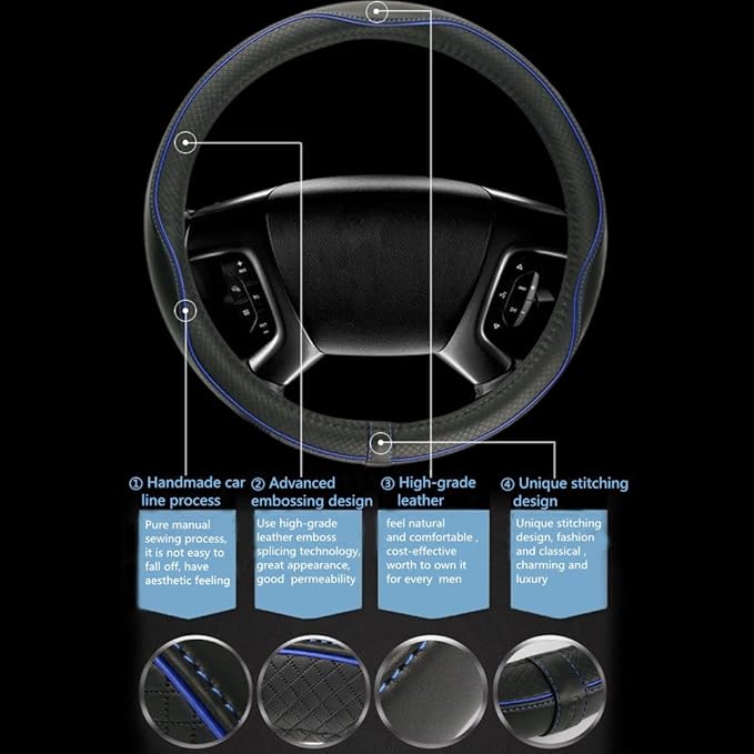 Car Steering Wheel Cover, Anti-Slip, Safety, Soft, Breathable, Heavy Duty, Thick, Full Surround, Sports Style (Black Blue)