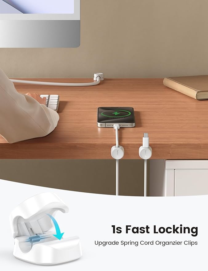 8Pack Cord Organizer [1s Lock] Spring Cable Management Clips - Lamicall Desk Organizer Cord Holder, Adhesive Cable Clips, Phone Charger Wire Keeper for Nightstand Car Office Supply Accessories, White
