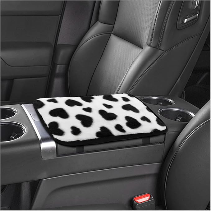 Furry Cow Print Armrest Cover for Car, Soft Plush Center Console Cushion Pad, Car Arm Rest Box Protector for Women Men, Universal Auto Decorative Accessories for Cars Trucks SUVs(Heart)