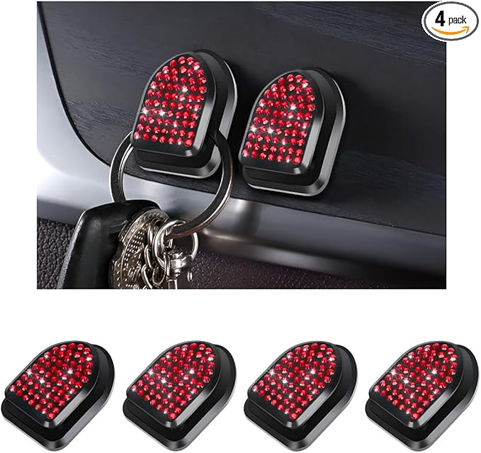 4 PCS Bling Car Mini Hooks, Cute Rhinestone Adhesive Back Seat Auto Hangers, Multifunctional Crystal Hanging Storage Hook for Vehicle Dashboard Wall Hat Coat Towel Key (Red)