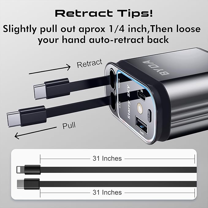 4 in 1 Retractable Car Charger with Starry Light,69W USB-C Fast Car Charger, for iPhone 17/16/15/14/13/12/11, Android,Pixel,Cigarette Lighter Charger (for Lightning+USB-C)