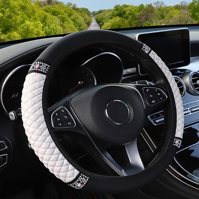 WLERIR Microfiber Leather Steering Wheel Cover with Anti-Slip Lining Universal Car Accessory for Steering Wheel with a Diameter of 14.5-15 inch (White)