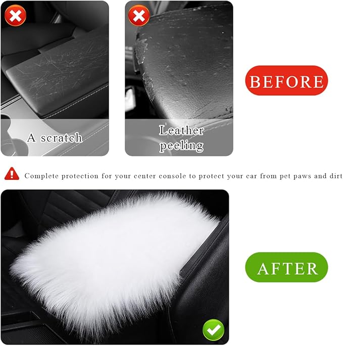 Car Center Console Cover Pad, Fluffy Middle Console Pad Armrest Seat Box Cover, Universal Furry Arm Rest Decoration Protector for Car Truck SUV, Interior Car Accessories (White)