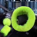 15inches Universal Leather Car Steering Wheel Cover Car Accessories Colorful Fuzzy Steering Wheel Cover Gear Shift Cover Handbrake Cover (neon Green)