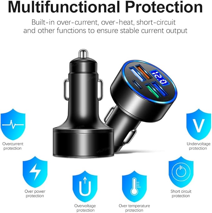 5 Port USB Car Charger(4USB+Type C) Compact Fast Charger Cigarette Lighter Adapter with LED&Voltage Monitor, Compatible with iPhone 14/Pro MacBook, iPad Pro/Air, Galaxy All Smart Phone (2Pcs)