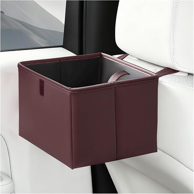 Car Trash Bin, Foldable Leather Auto Rubbish Can with Reinforced Bottom & Trash Bags, Waterproof Hanging Garbage Can Backseat Storage Box for Most Vehicles, Car Accessories (Brown)