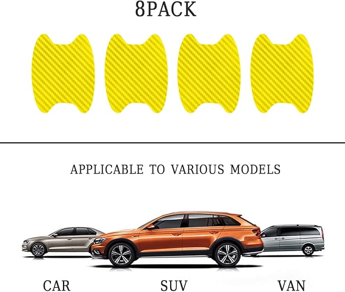 8PCS Car Door Handle Sticker, Carbon Fiber Anti-Scratches Car Door Cup Protector, Non-Marking Auto Door Handle Protective Film, Self-Adhesive Door Side Paint Protector for All Cars (Yellow/8PCS)