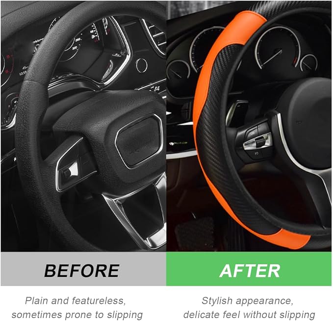 Car Steering Wheel Cover, 15 Inch Carbon Fiber Leather Stitching Color Steering Wheel Protector, Anti-Slip Elastic Breathable Steering Wheel Cover Stylish Decor for Most Cars (Orange)