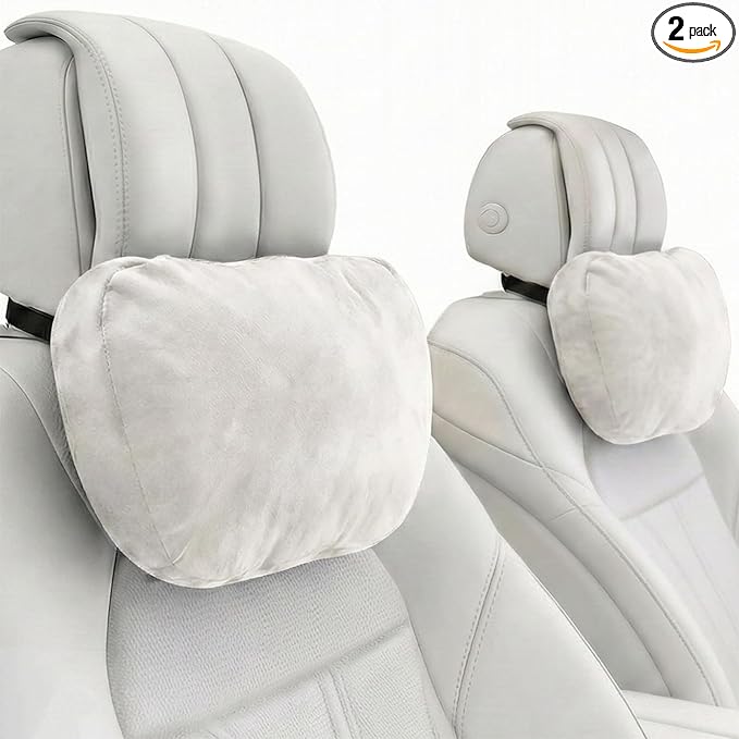 2PCS Car Pillow for Car Neck Pillow for Driving Seat Leather Neck Support Soft Cushion Back Support Head-Rests for Vehicle Sleeping with Elastic Adjustment Strap (Beige, Head)