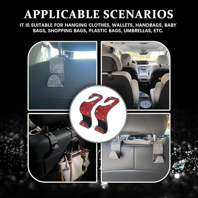 2PCS Car Seat Hooks, Purse Hook for Car, Crystal Rhinestone Vehicle Backseat Purse Holder, Auto Accessories Diamond Auto Seatback Storage Organizer Hanger for Handbag Clothes Purse (Red)