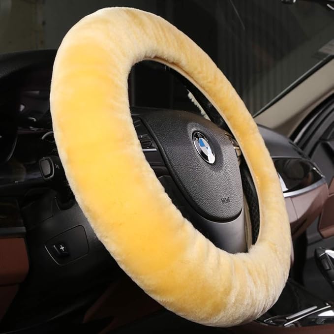 Plush Fuzzy Fluffy Wool Sheepskin Car Steering Wheel Cover for Girls Women Cozy Universal Soft Car Auto 14 1/2-15 1/2inchs (Golden Yellow)