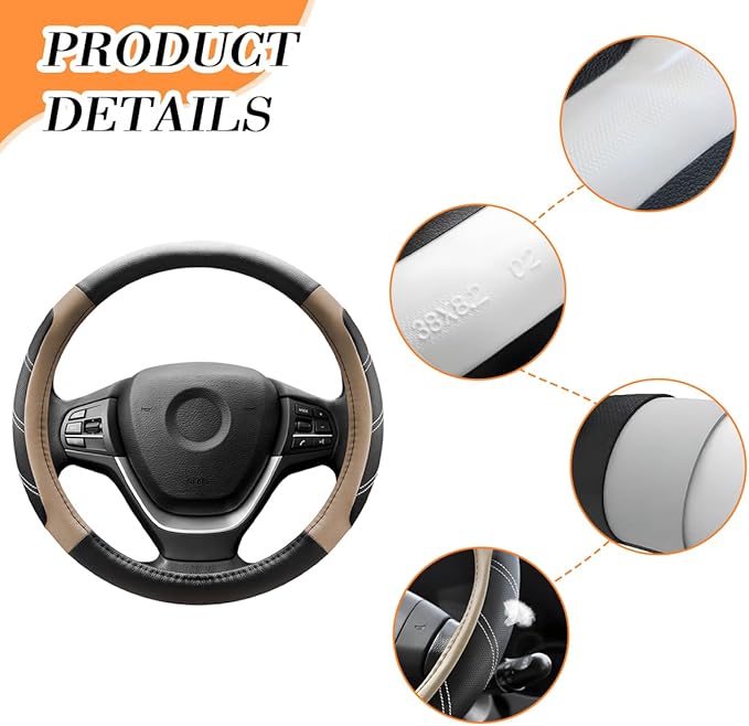 Car Steering Wheel Cover, 14.5-15" Non-Slip Leather Sporty Vehicle Steering Wheel Protector, Breathable Auto Interior Decoration Accessories, Universal for Van Truck Sedan (Black/Beige)