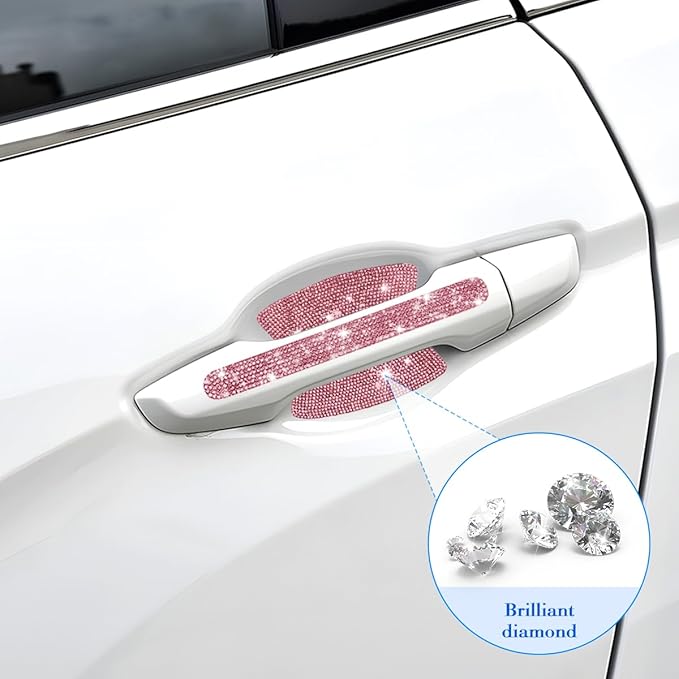 Mandark 8PCS Bling Car Door Handle Protector, Crystal Rhinestone Vehicle Door Bowl Protective Sticker, Glitter Anti-Scratch Auto Decor Decals Accessories, Universal for SUV, Sedan, Truck (Light Pink)