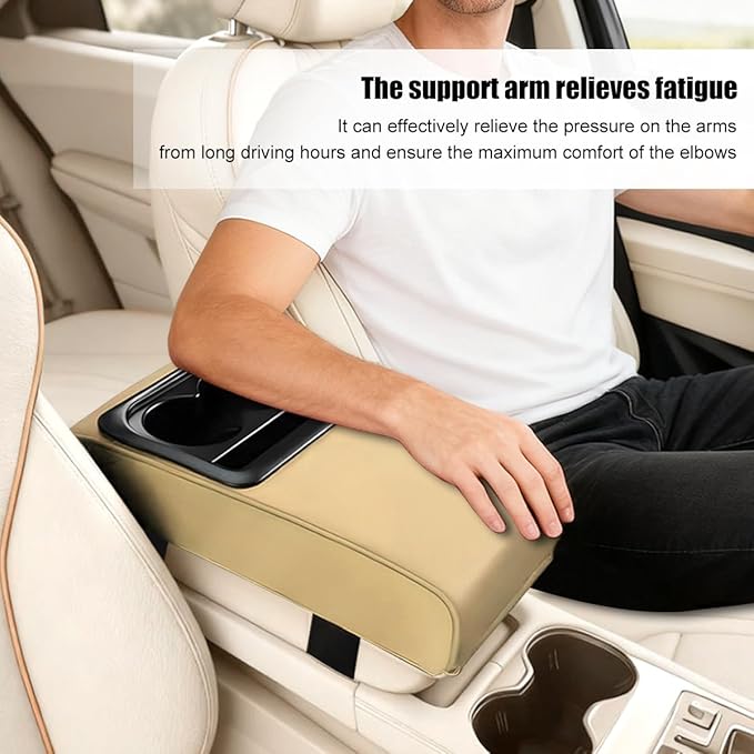 Car Center Console Armrest Pillow, Leather Vehicle Middle Console Protection Cushion with Cup & Phone Holder, Waterproof Automotive Arm Rest Box Cover Accessories, Universal Fit (Beige)