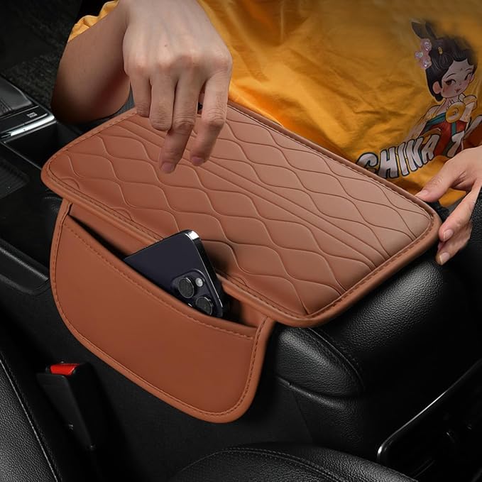 Car Center Console Cover, Leather Vehicle Armrest Seat Box Pad Cushion with 2 Storage Bags, Automotive Interior Arm Rest Protector Accessories, Universal for SUV, Sedan, Truck (Brown)