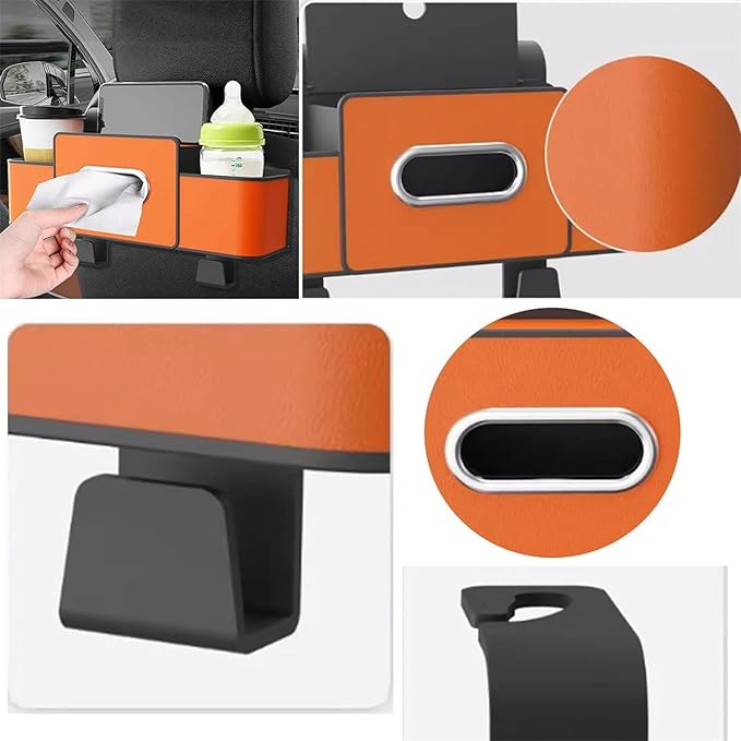 Car Organizers and Storage Box Behind Seat, Car Organizer Back of Seat, 4 in 1 Multifunctional Cars Organizer, For Snacks, Drinks, Bag Hook, Keep Tidy & Organized (Orange+Black)