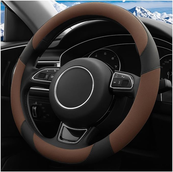 HZEL Car Steering Wheel Cover, 15 Inch PU Leather Breathable Anti-Slip Vehicle Steering Wheel Protecter with Inner Ring, Automotive Interior Accessories, Universal for SUV Sedan Truck (Coffee)