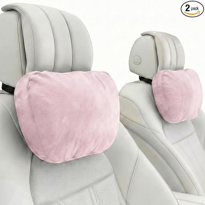 2PCS Car Pillow for Car Neck Pillow for Driving Seat Leather Neck Support Soft Cushion Back Support Head-Rests for Vehicle Sleeping with Elastic Adjustment Strap (Light Pink, Head)