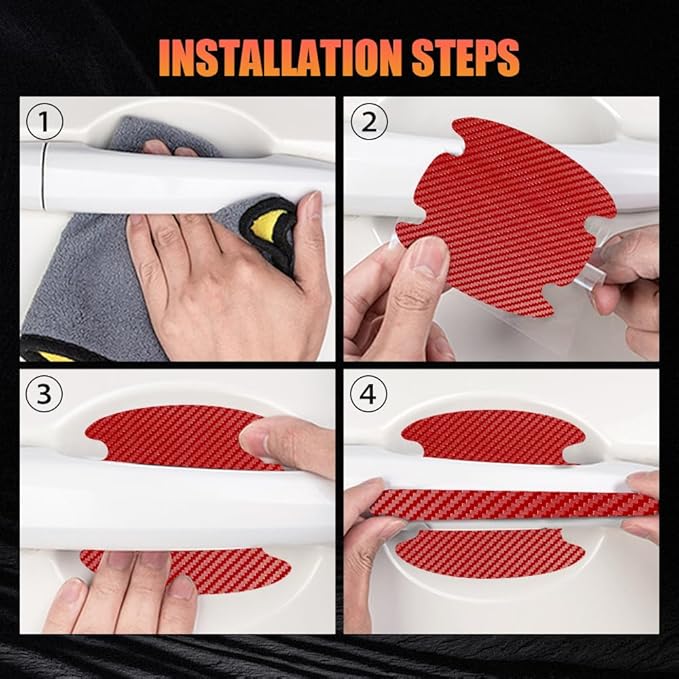 8PCS Car Door Handle Scratch Protectors, Car Door Handle Stickers, Carbon Fiber Texture Anti-Scratches Bowl Sticker, Car Door Handle Paint Guard Cover Universal for Most Car, Truck (Red)