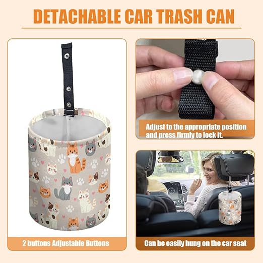 Cute Cats Car Trash Can Kitten Paws Waterproof Garbage Can Car-Seat Back Hanging Trash Bag Portable Camping Waste Bin Storage Bag Collapsible Rubbish Container for Car (5.9" W,7.2" H)
