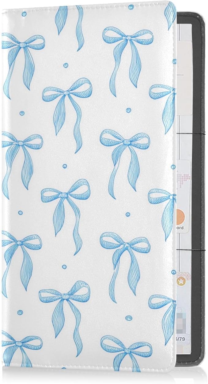 JUZIHAI Blue Ribbon Bow Car Registration and Insurance Holder Glove Box Organizer Leather Vehicle Essential Document Card Wallet Accessories Case
