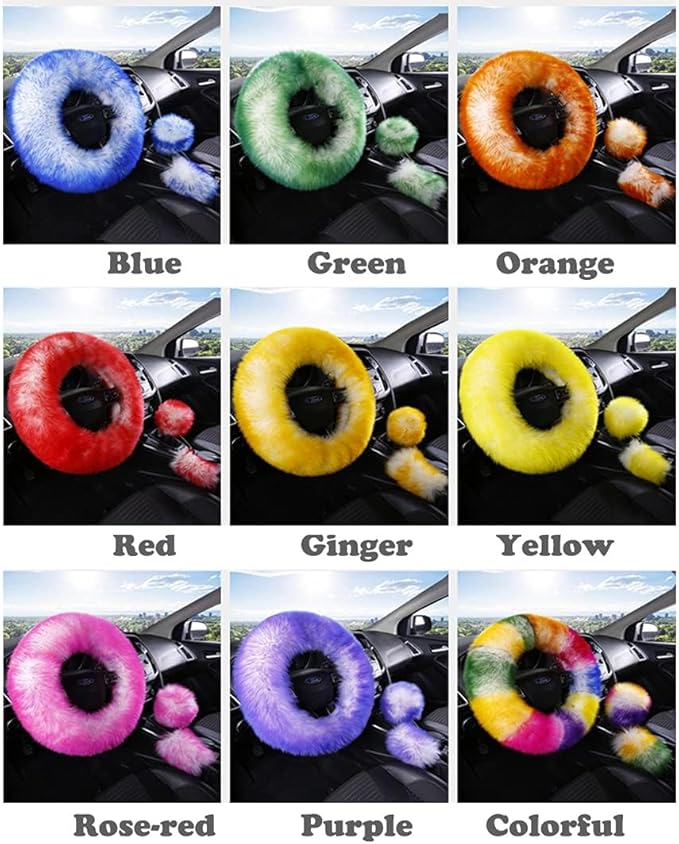 15inches Universal Leather Car Steering Wheel Cover Car Accessories Colorful Fuzzy Steering Wheel Cover Gear Shift Cover Handbrake Cover (Black)