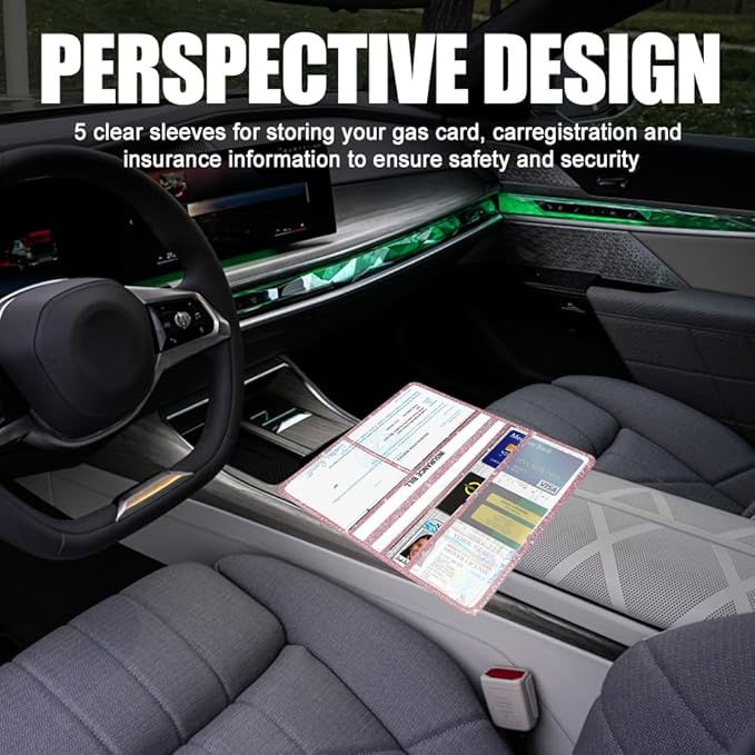 Vehicle Glove Box Car Organizer, Car Registration and Insurance Holder, Insurance Card Holder for Cars, Leather Card Holder Interior Auto Accessories for Women (Glitter-Pink)