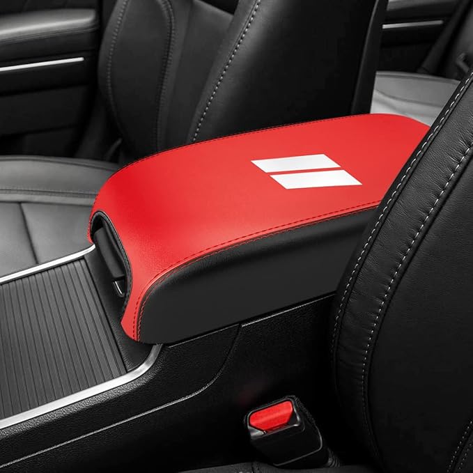 INTGET Center Console Cover for Dodge Charger Accessories 2011-2020 2021 2022 2023 for Chrysler 300 2015-2022 Leather Armrest Cover Console Lid Protector Cushion Pad (Black with Red, Leather)