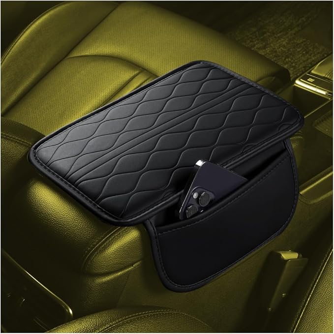 Car Center Console Cover, Leather Vehicle Armrest Seat Box Pad Cushion with 2 Storage Bags, Automotive Interior Arm Rest Protector Accessories, Universal for SUV, Sedan, Truck (Black)