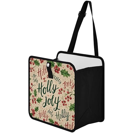 Car Trash Can Organizer Bin with Adjustable Strap for Back Front Seat Console Waterproof Leakproof Collapsible Portable 8.66 Inch Beige Cherries Holly Jolly