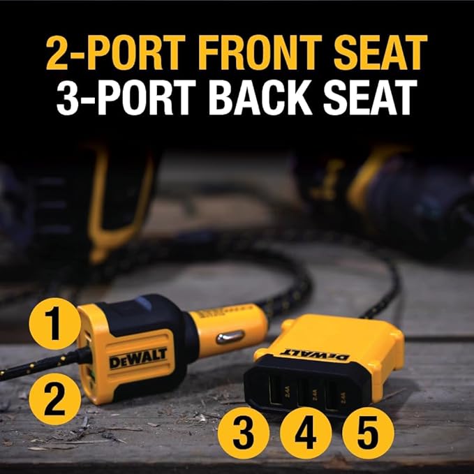 DEWALT Heavy Duty 72W 5 Port USB Car Charger Multiport, iPhone 16 Multi USB Car Charger, Fast Charge PD & QC3.0 Cigarette Lighter Adapter w/ 6FT Cable, Type C Front/Back Charging for Multiple Devices