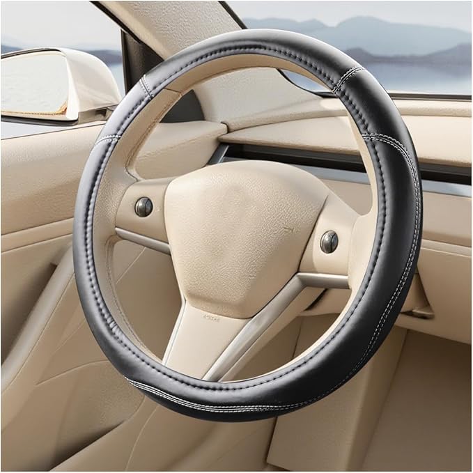 Car Steering Wheel Cover, 15 Inch Non-Slip Leather Full Surround Steering Wheel Guard with Inner Ring, Automotive Interior Protective Accessories, Compatible with Most Vehicle (Black/Gray)