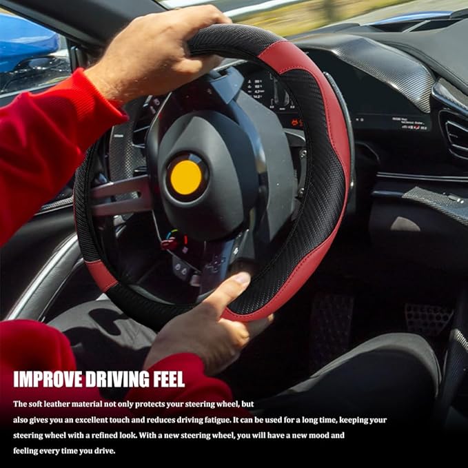 Car Steering Wheel Cover, Steering Wheel Cover Protector, 15 Inch Carbon Fiber Microfiber Leather Elastic Steering Wheel Protector, Car Steering Wheel Accessories for Vehicles (Black red)